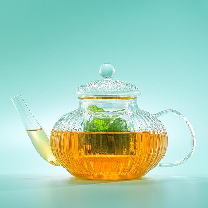 JoyJolt Fluted Glass Teapot Set 34oz, Stovetop Safe Tea Kettle, Borosilicate Clear Kettle with Removable Glass Infuser, Blooming and Loose Leaf Tea Maker and Brewer
