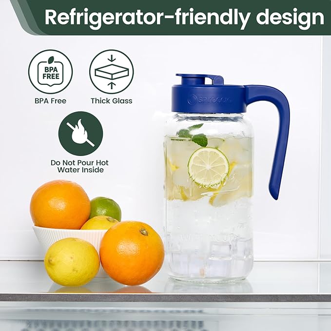 Mason Jar Pitcher - Airtight & Leakproof Glass Pitcher with Lid, Perfect for Breastmilk, Cold Brew, and Sun Tea, 2 Quart (64 oz) Mason Jar with Pour Spout Lid