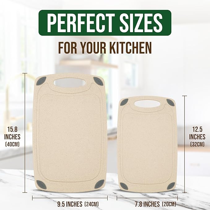 2-Piece Reversible Cutting Board Set Made from Natural Food Grade Wheat Straw Material - Eco-Conscious Alternative to Plastic - Gluten Free & BPA Free Chopping Boards for Kitchen