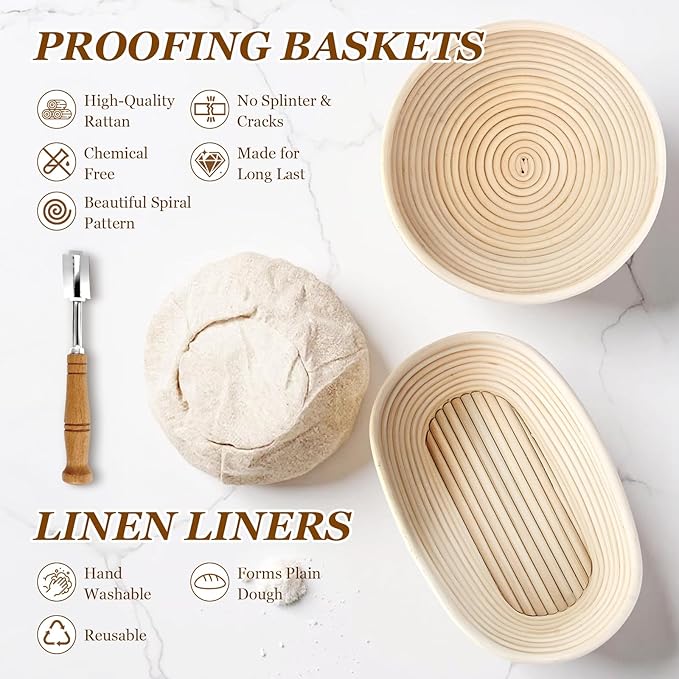 Sourdough Bread Baking Supplies, Sourdough Starter Kit, 9 Inch Round & 10 Inch Oval Banneton Bread Proofing Basket with 24 Oz Glass Jar, Sour Dough Tools with Danish Dough Whisk & Scraper