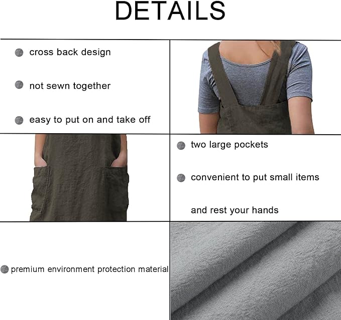 ZQFFB Pinafore Cross Back Apron for Women with Pockets Japanese Smock for Work Gardening Cooking Painting Baking