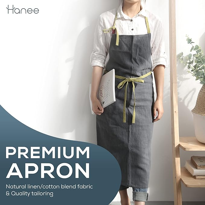HANEE Kitchen Apron for Women & Men (9 Colors) Linen Cooking Aprons with pocket