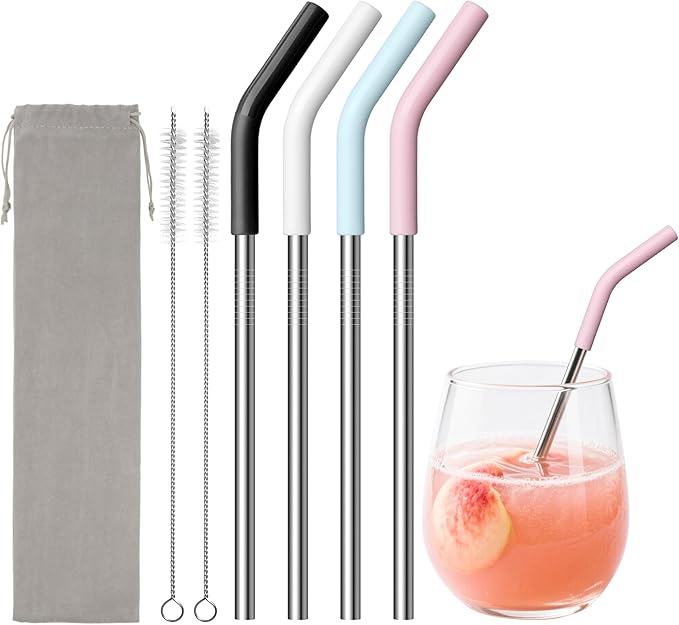 6.7" Short Metal Straw-Reusable Stainless Steel Drink Straws with Silicone Tips and Brush, Fit for 6 7 10 12 oz Small Cups (Colors 2)
