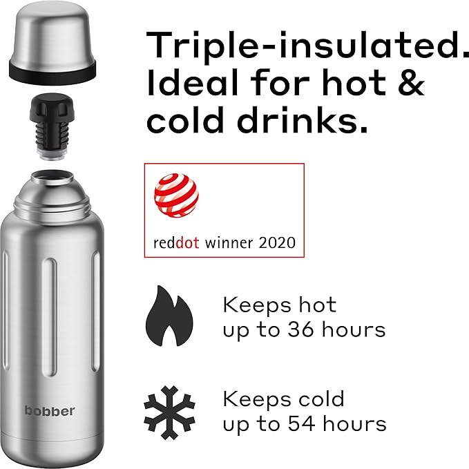 BOBBER 26 oz Stainless Steel Travel Thermos for Hot Drinks – Dishwasher Safe Metal Water Bottle with Cup Lid for Men, Hiking, Travel – Keeps Hot for 36 Hours – BPA-Free, Vacuum Insulated (Matte)
