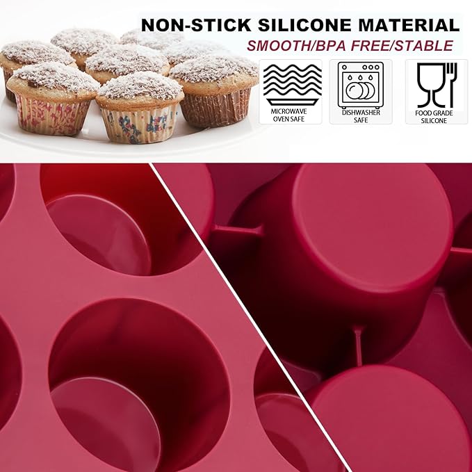 Nalchios Silicone Muffin Pan 12 Cups Deep Jumno, Chocolate Molds Silicone, Nonstick BPA Free Silicone Baking Molds, Dishwasher & Microwave Safe Muffin Tin, Easy To Use and Clean Candy Molds