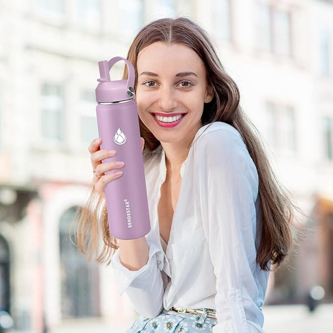 SENDESTAR Water Bottle 40oz Double Wall Vacuum Insulated Leak Proof Stainless Steel Sports Water Bottle—Wide Mouth with New Flex Straw Lid & Spout Lid (lilac)
