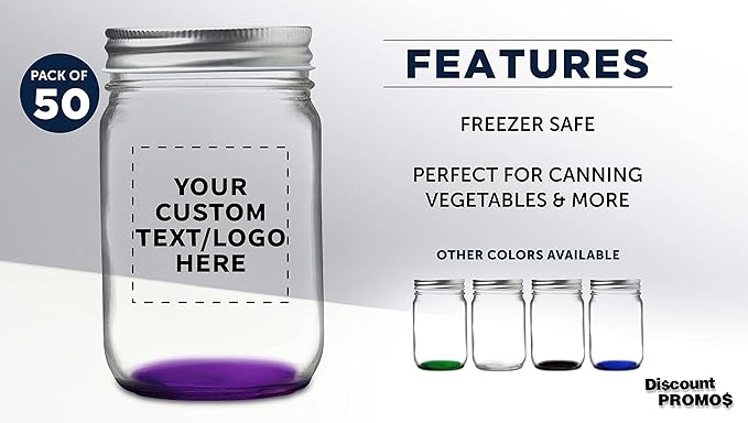 DISCOUNT PROMOS 50 Decorating Mason Jars Set, 12 oz. - Customizable Text, Logo - Canning, Aluminum Lid - Purple