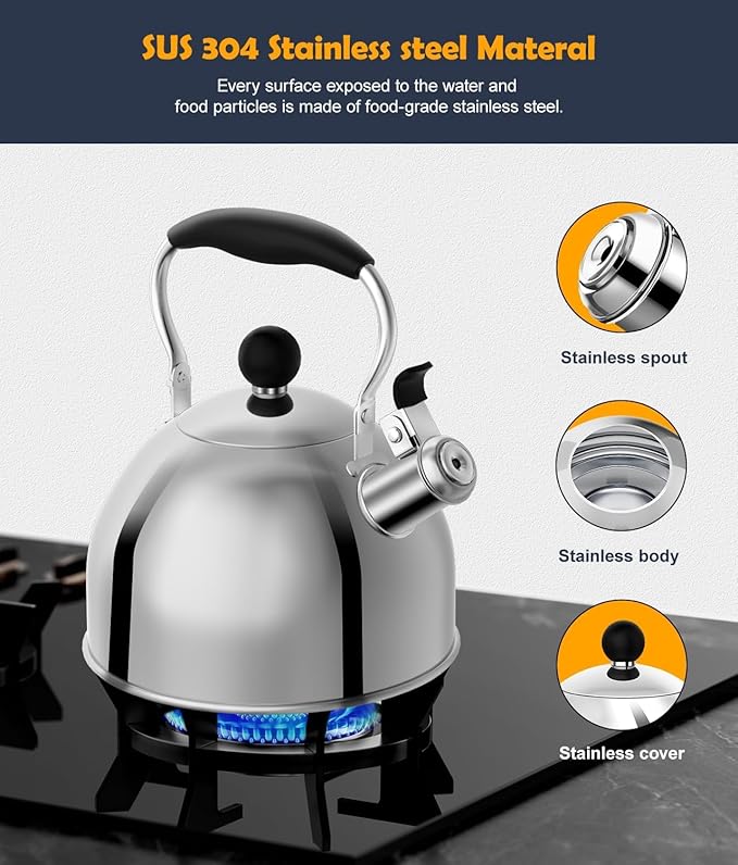 Tea Kettle, 2 Quart Stainless Steel Whistling Tea Kettle, Stovetop Whistling Teakettle Tea Pots for Stove Top with Ergonomic Folding Handle, Small Teapot, Water boiler for Tea, Coffee (Silver)