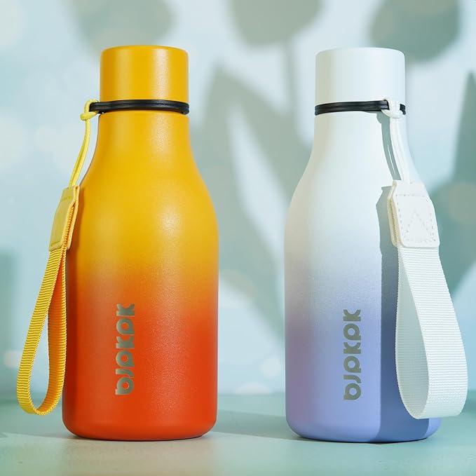 BJPKPK Insulated Water Bottles, 12oz Stainless Steel Metal Water Bottle with Strap, BPA Free Leak Proof Thermos, Mugs, Flasks, Reusable Water Bottle for Sports & Travel, Sunset Orange