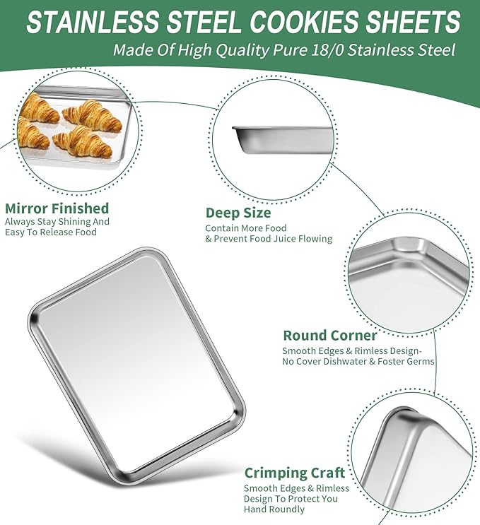 Baking Sheets Set of 2, HKJ Chef Cookie Sheets 2 Pieces & Stainless Steel Baking Pans & Toaster Oven Tray Pans, Rectangle Size 10 x 8 x 1 inch, Non Toxic & Healthy & Easy Clean
