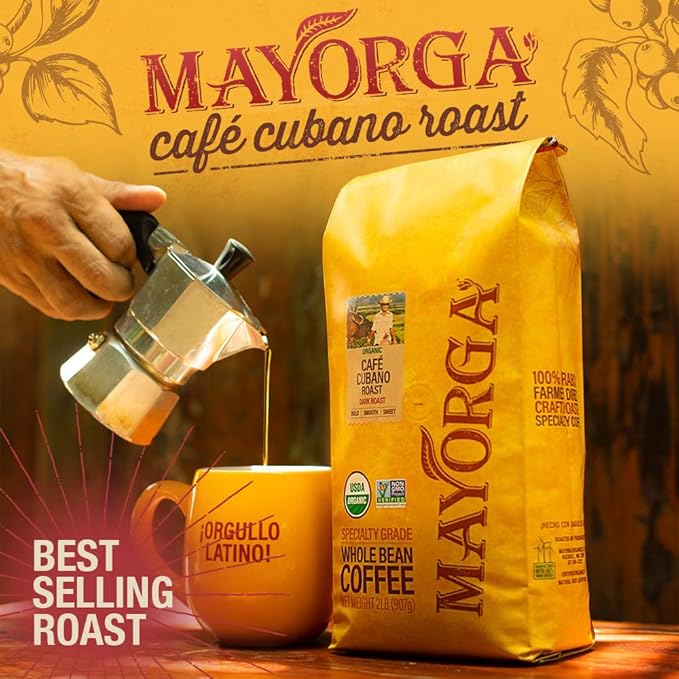 Mayorga Organic Coffee 12oz Cafe Cubano Roast - Dark Roast Whole Bean Coffee Specialty Grade, 100% Arabica, Slow Roasted, Bold and Smooth Flavor with Low Acidity - USDA Organic, Non-GMO, Kosher,