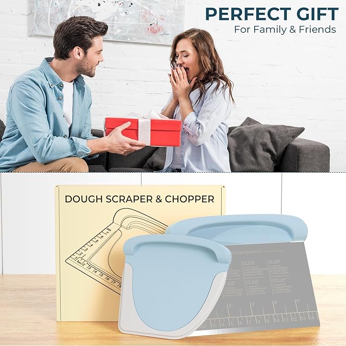 Bench Scraper Dough Cutter Tool - Bowl Pastry Scraper for Bread Cake Pizza, Bench Knife Kitchen Dough Scraper for Baking, Stainless Steel Food Scraper with Grip Handles & Measuring Scal, Blue