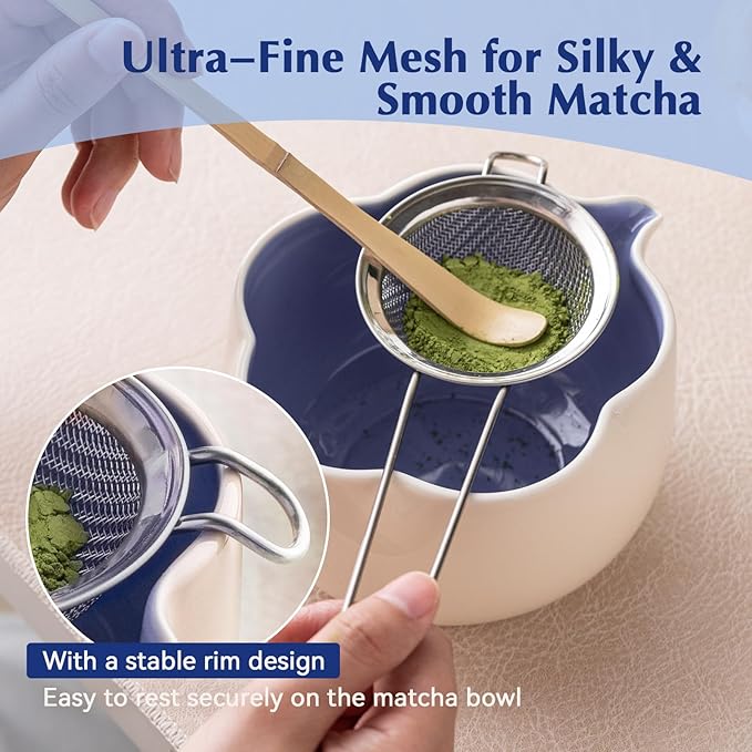 Matcha Set, 8Pcs Floral Ceramic Matcha Set with Matcha Whisk, Holder, Scoop, Scoop Rest, Sifter, Spoon and Tea Towel - Thoughtful Matcha Whisk Set Gift for Matcha Lovers (Beige & Blue)