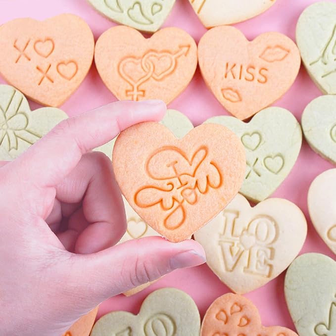 10 Pcs Heart Cookie Cutter Set, 3D Pressable Biscuit Cutter and Stamps, Valentine's Day Cookie Molds Wedding Party DIY Cake Decorating Kit (D)