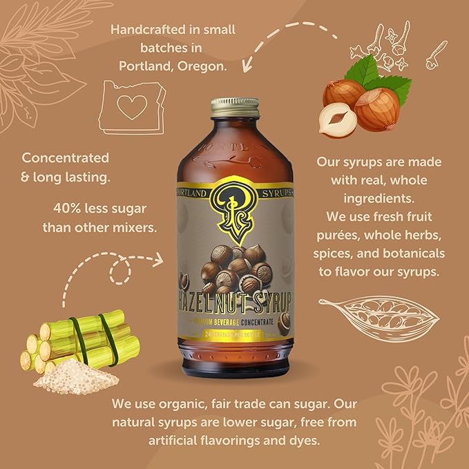 Portland Syrups Hazelnut Syrup – Flavoring for Coffee, Lattes, Cold Brew, Macchiatos, Cocktails, Desserts – Ideal for Drinks & Adding a Hazelnut Touch to Any Beverage – 12 oz, 24 servings (Pack of 1)