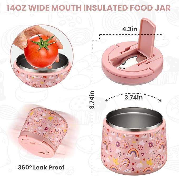 Soup Thermo for Hot Food Kids 14oz Lunch Containers with Buckle Lid Wide Mouth Hot Food Jar Vacuum Insulated Stainless Steel Bento Box Leakproof with Spoon(Rainbow)