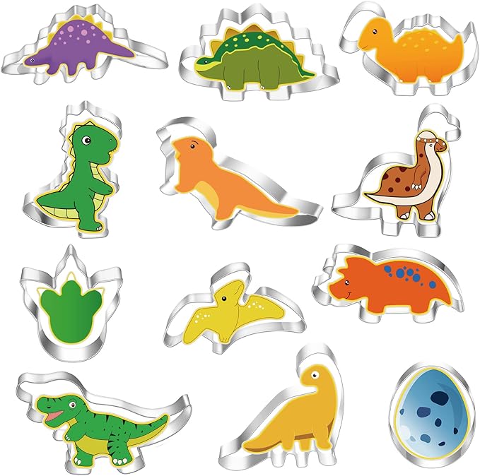 Dinosaur Cookie Cutters Set Small Size Stainless Steel Shaped for Kids Birthday Party Supplies,Footprint,Dinosaur Eggs,different dinosaur shapes.