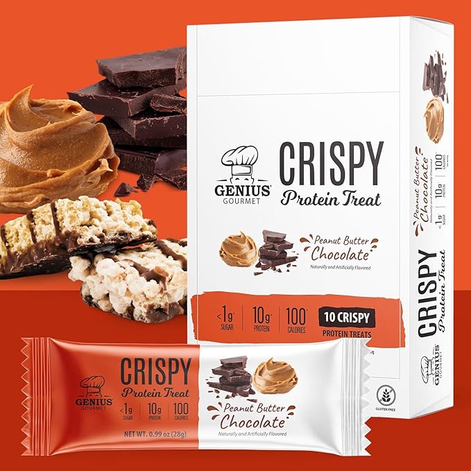Genius Gourmet Crispy Protein Treat, Chocolate Peanut Butter, Keto Snack, Low Carb, Low Sugar & Gluten Free, Protein Snacks for Adults, 10G of Whey Protein per Protein Bar, 5 Net Carbs, 10 CT