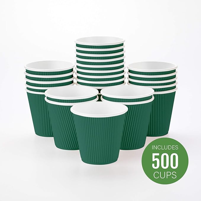 Restaurantware 8 Ounce Double Wall Disposable Coffee Cups, 500 Insulated Forest Green Paper Tumblers with Ripple Wall Design, Lids Sold Separately for Hot Drinks like Tea, Hot Chocolate and More