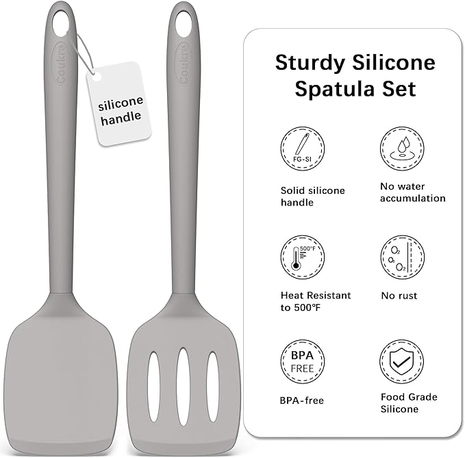 Coukre 2 Pack Silicone Spatula Set, High Heat Resistant, BPA Free Kitchen Spatula, Solid & Slotted Turner for Non-Stick Pans, Sautéing, and Flipping (2, PureGray)