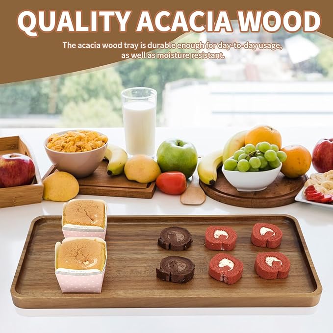 1 pcs 14"x5.3" Solid Acacia Wood Serving Trays Rectangular Wooden Serving Platters Natural Wooden Boards for Bar Coffee Party