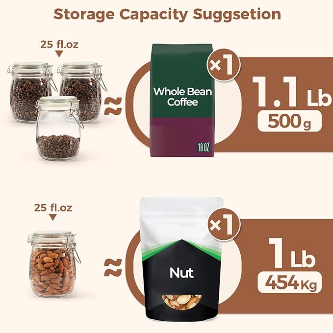 ComSaf 25oz Airtight Glass Canisters with Lids Set of 6, Round Food Storage Jar Container with Clamp Lids for Kitchen Canning Cereal Coffee Pasta Sugar Beans Spice, Clear Mason Jars with 12 Labels