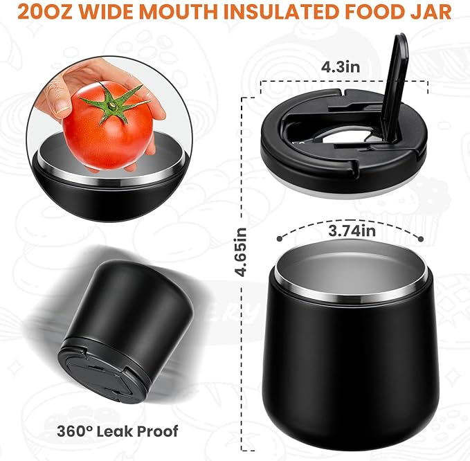 Soup Thermo for Hot Food 20oz Lunch Containers with Buckle Lid Wide Mouth Hot Food Jar Vacuum Insulated Stainless Steel Bento Box Leakproof with Spoon(Black)