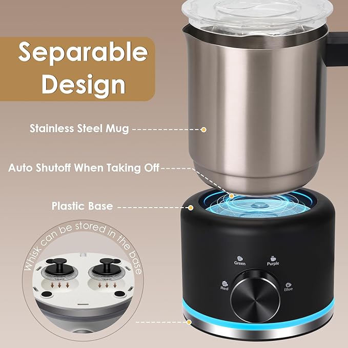 Milk Frother and Steamer, 16.9 OZ Milk Frother for Coffee, 4 in 1 Frother Separable Easy to Use and Clean, Durable Safe Silent Working for Coffee, Latte, Cappuccino Hot Chocolate, Black