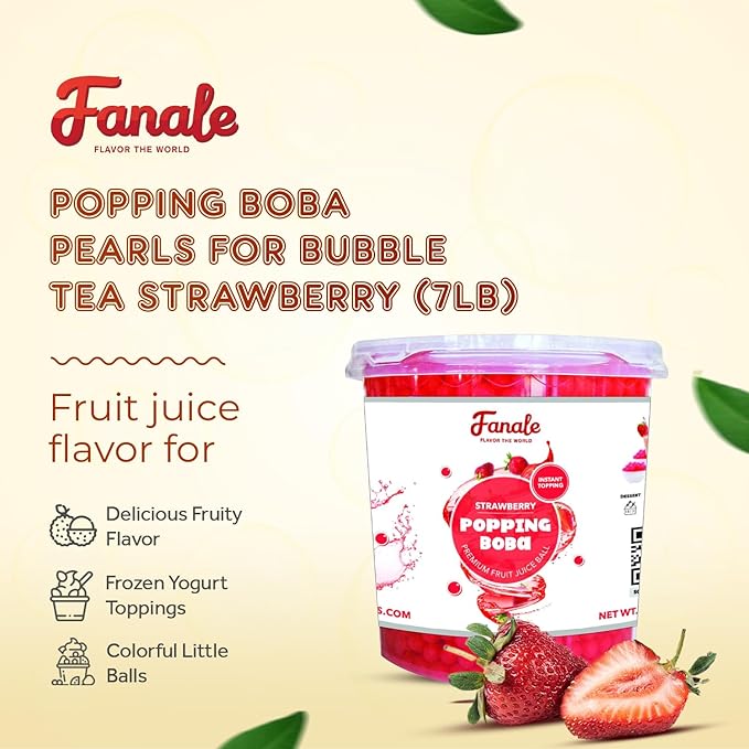 Fanale Strawberry Popping Boba Pearls, Vegan, Non GMO, Gluten Free, Fat Free, Perfect for Bubble Tea, Smoothies, Ice Cream, Desserts, and Beverages.