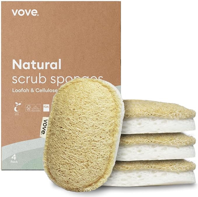 Vove Scrub Sponges 4 Pack, Cellulose & Cotton with Natural Loofah, Eco-Friendly Loofah Dish & Kitchen Sponges, Bathroom Scrubbing Pads, FSC-Certified Packaging