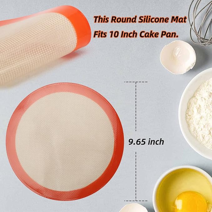 AMYONE Round Silicone Baking Mats for 10 inch Cake Pan, 10 Inch Tortilla Press Liner/Dough Mat for Cake/Tortilla/Pie/Pizza/Pastry, Food Grade Non-Stick Reusable(Round 9.65", 2PCS)