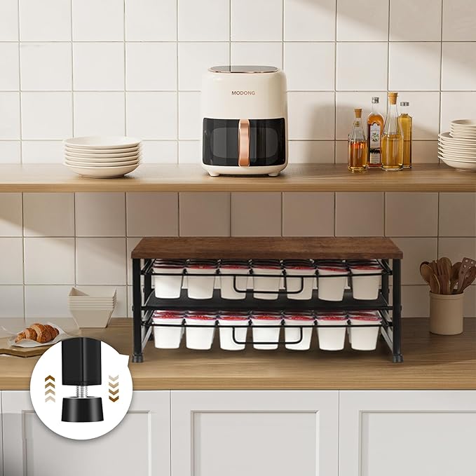 K Cup Holder Organizer for 70 Pods, 2-Tier Coffee Pod Holder for K-Cup with 2 Sliding Storage Drawers, Coffee Station Bar Organizer for Kitchen Countertop, Home & Office, Wooden