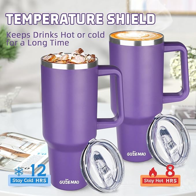 40 oz Insulated Coffee Mug with Ceramic Coating, Stainless Steel Travel Mug Tumbler with Handle Lid and Straw, Double Wall Leak-Proof Coffee Travel Mug Keeps Drink Hot and Cold (Purple)