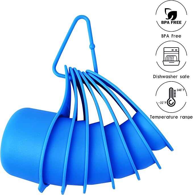 Blue Measuring Cups and Spoons Set 15, 7 Plastic Measuring Cup Set, 7 Spice Long Handle Measuring Spoons with 1 Leveler for Kitchen and Baking, Dry Metric Measure Cups & Spoons Set