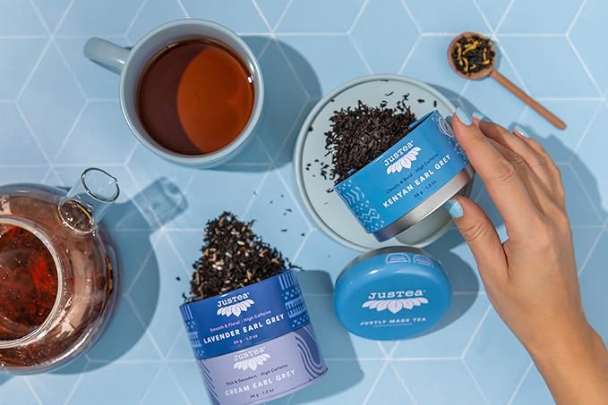 JusTea EARL GREY TEA TRIO | Stacking Tins Variety Pack with Hand Carved Tea Spoon | Loose Leaf Tea | High Caffeine | Fair Trade | Non-GMO