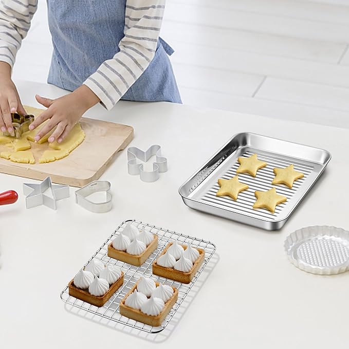 TeamFar Toaster Oven Pan with Cooling Rack, Stainless Steel Mini Baking Tray for Compact Toaster Oven, 9 Inch, Corrugated Bottom & Grid Mesh, Healthy & Heavy-Duty, 1 Pan + 1 Rack