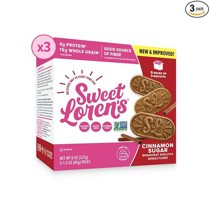 Sweet Loren's Vegan Breakfast Biscuits | Cinnamon Sugar | 4g Protein, 19g Whole Grains | Plant Based, Gluten Free, Dairy Free, Nut Free Snacks | 3 Pack (15 Total Biscuits, 1.6 ounce each)