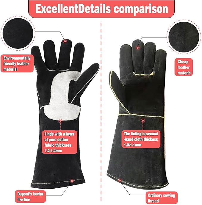 YESWELDER Leather Forge MIG Welding Gloves, Heat Fire Resistant Welders Gloves, Black, also Perfect for Grill/BBQ/Wood Stove/Oven/Fireplace/Cutting