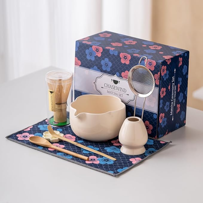 Matcha Set, 8Pcs Floral Ceramic Matcha Set with Matcha Whisk, Holder, Scoop, Scoop Rest, Sifter, Spoon and Tea Towel - Thoughtful Matcha Whisk Set Gift for Matcha Lovers (Beige)