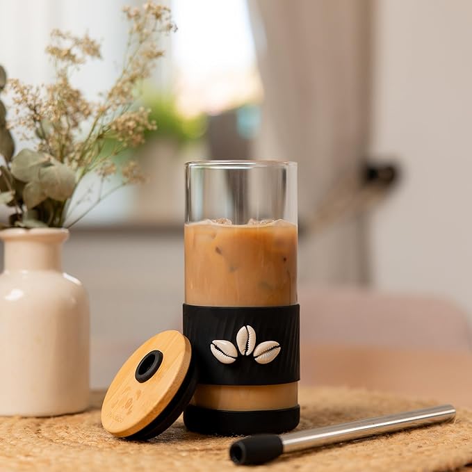 Pandaloo® Glass Cups With Lids and Straws -20 Fl Oz- Hand Made cool shell-raffia detail- Perfect Size Iced Coffee Cup - Smoothie Cup - BPA Free - (Mogador Vibe, 1 Count (Pack of 1))