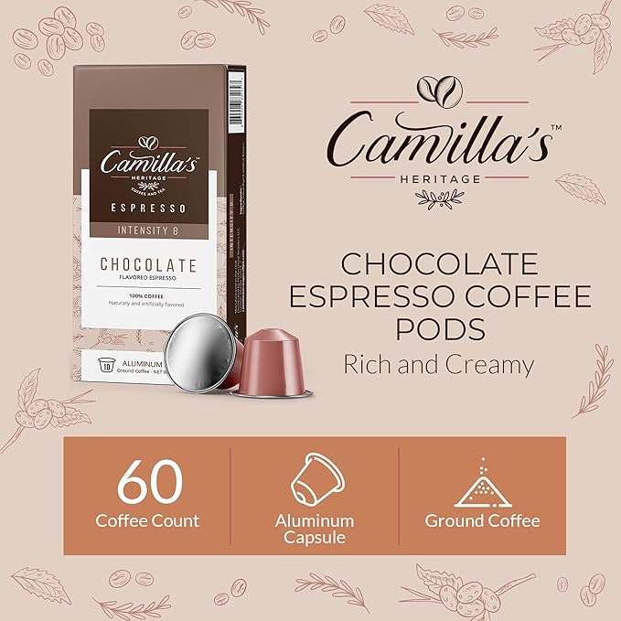 Camilla’s Heritage - Intensity 8 Chocolate Flavored Espresso Coffee, Gourmet Espresso Cups, 60 Coffee Pods