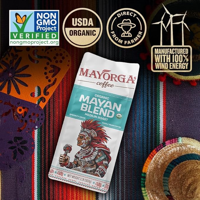 Mayorga Organic Coffee 2lb Mayan Blend - Medium Roast Whole Bean Coffee Specialty Grade, 100% Arabica, Slow Roasted, Chocolate and Floral Flavor with Low Acidity - USDA Organic, Non-GMO, Kosher