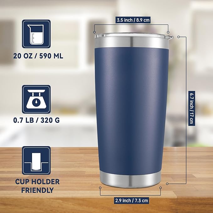 20 oz Tumbler Stainless Steel Tumblers with Lid Double Wall Vacuum Insulated Coffee Mug 20oz Powder Coated Cup for Hot and Cold Drinks, Navy, 1 pack