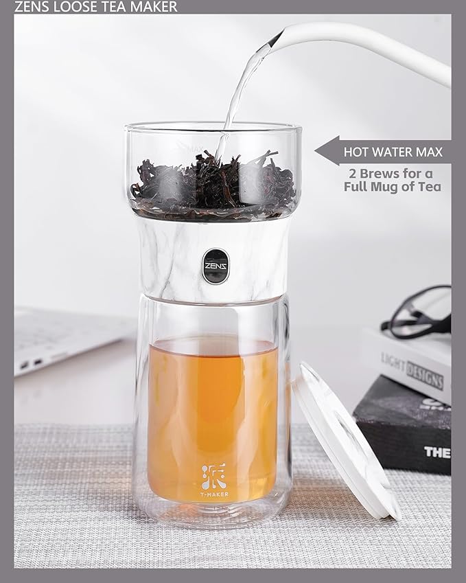 ZENS Modern One Touch Tea Maker, Glass Teapot with Infuser for Loose Leaf Tea Diffusers, Mess-Free Smart Pouring with Insulated Mug and Portable Tea Kits for Tea Lover Gifts