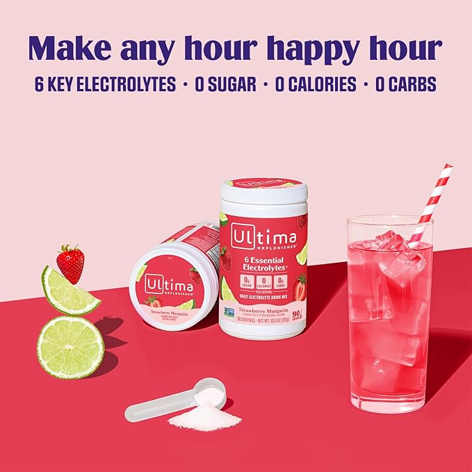 Ultima Replenisher Daily Electrolyte Powder Drink Mix – Sugar Free – Strawberry Margarita, 90 Servings – Hydration Powder with 6 Key Electrolytes and Trace Minerals – Keto Friendly, Non-GMO