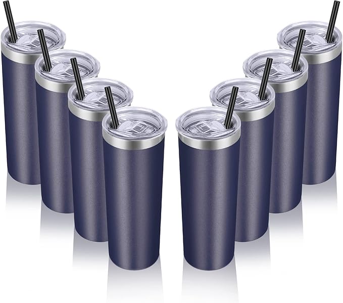 VEGOND Stainless Steel Tumblers Bulk 8 Pack, 20 oz Vacuum Insulated Skinny Tumblers with Lid and Straw, Double Wall Coffee Mug, Travel Water Cup, Navy Blue