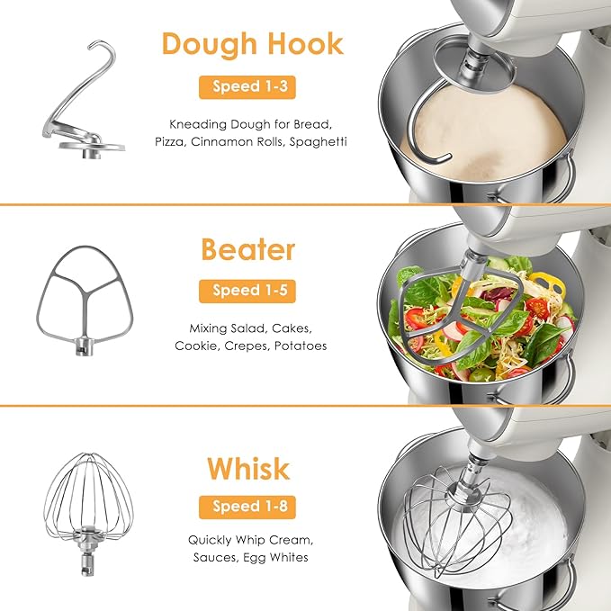 ZACME Mixers Kitchen Electric Stand Mixer 5.5QT 600W, Aluminum die casting and Gears, Dual Cooling System, Low Noise, DC Motor, LED Display and Timing Function, Tilt-head Metal Food Mixer, White