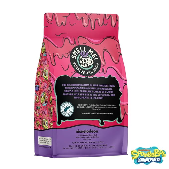 Bones Coffee Company Spongebob Soufflé Symphony, Chocolate Soufflé Flavored Whole Coffee Beans, Low Acid Medium Roast Arabica Beans Flavored Coffee, 12 oz Whole Bean