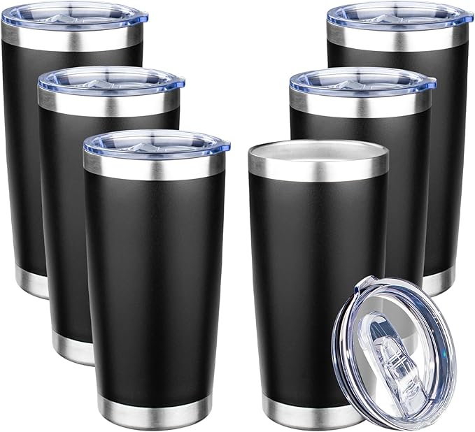 20oz Tumbler with Lid Double Wall Vacuum Insulated Travel Coffee Mug Stainless Steel Thermal Cup Powder Coated Sturdy Coffee Tumbler Bulk for Hot and Cold Beverage (Black,6)