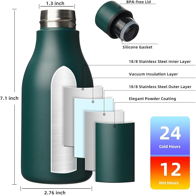BJPKPK Insulated Water Bottles, 12oz Stainless Steel Metal Water Bottle with Strap, BPA Free Leak Proof Thermos, Mugs, Flasks, Reusable Water Bottle for Sports & Travel, Army Green
